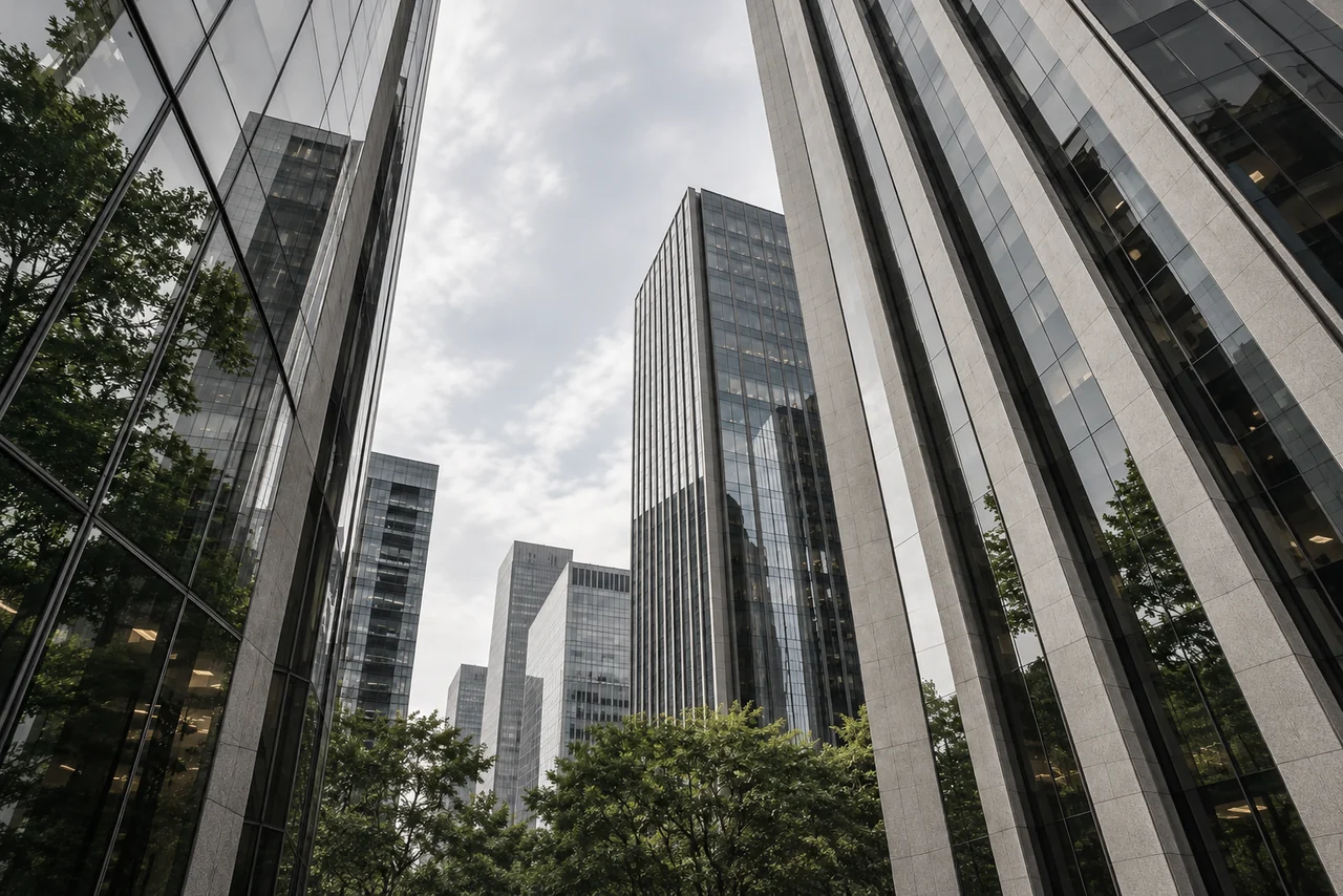Arquitetura corporativa vista entre edifícios e árvores.