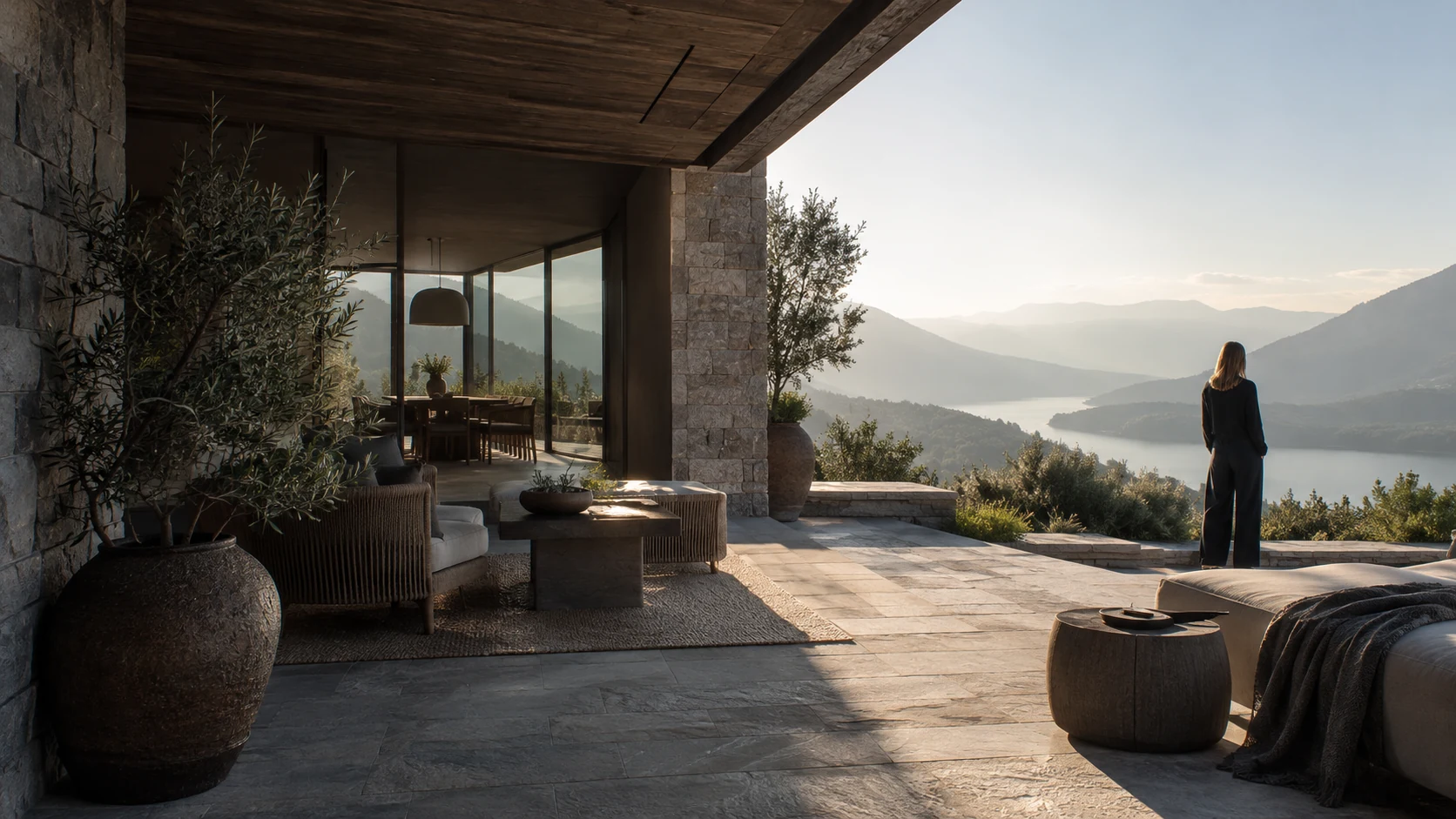 Cena conceitual de arquitetura, paisagem e um momento de contemplação.
